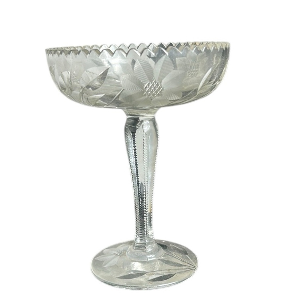 Vintage Floral Etched Cut Glass Compote Pedestal Bowl
